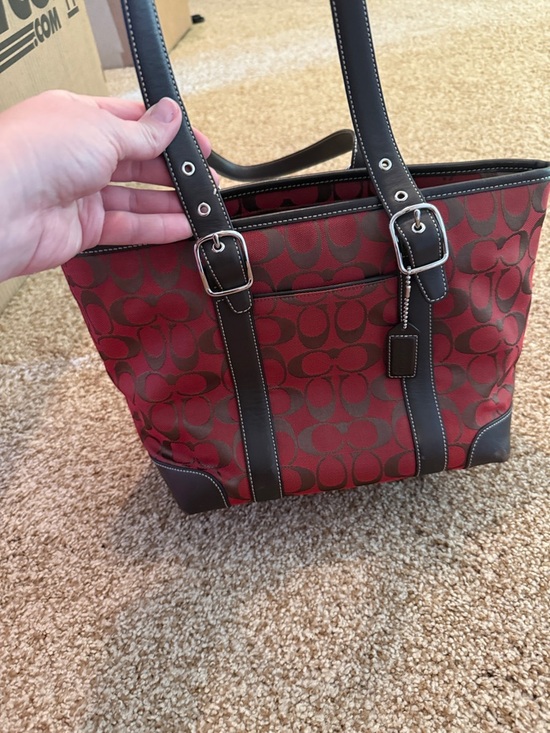 Coach Handbags - Coach Signature-Print handbag red with Dark Brown Trim